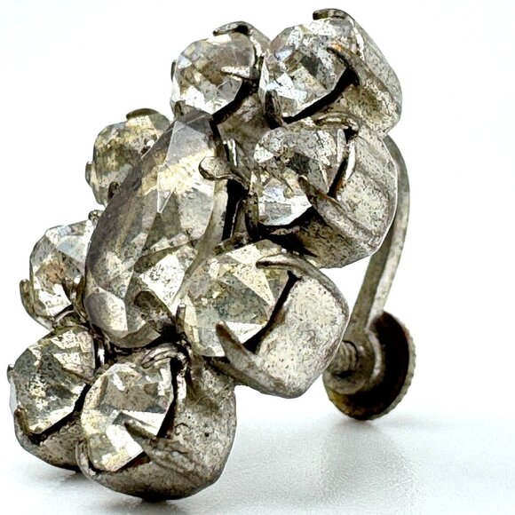 Czechoslovakia Rhinestone Silvertone Screw Back Earrings Vintage 3/4" - Picture 6 of 6